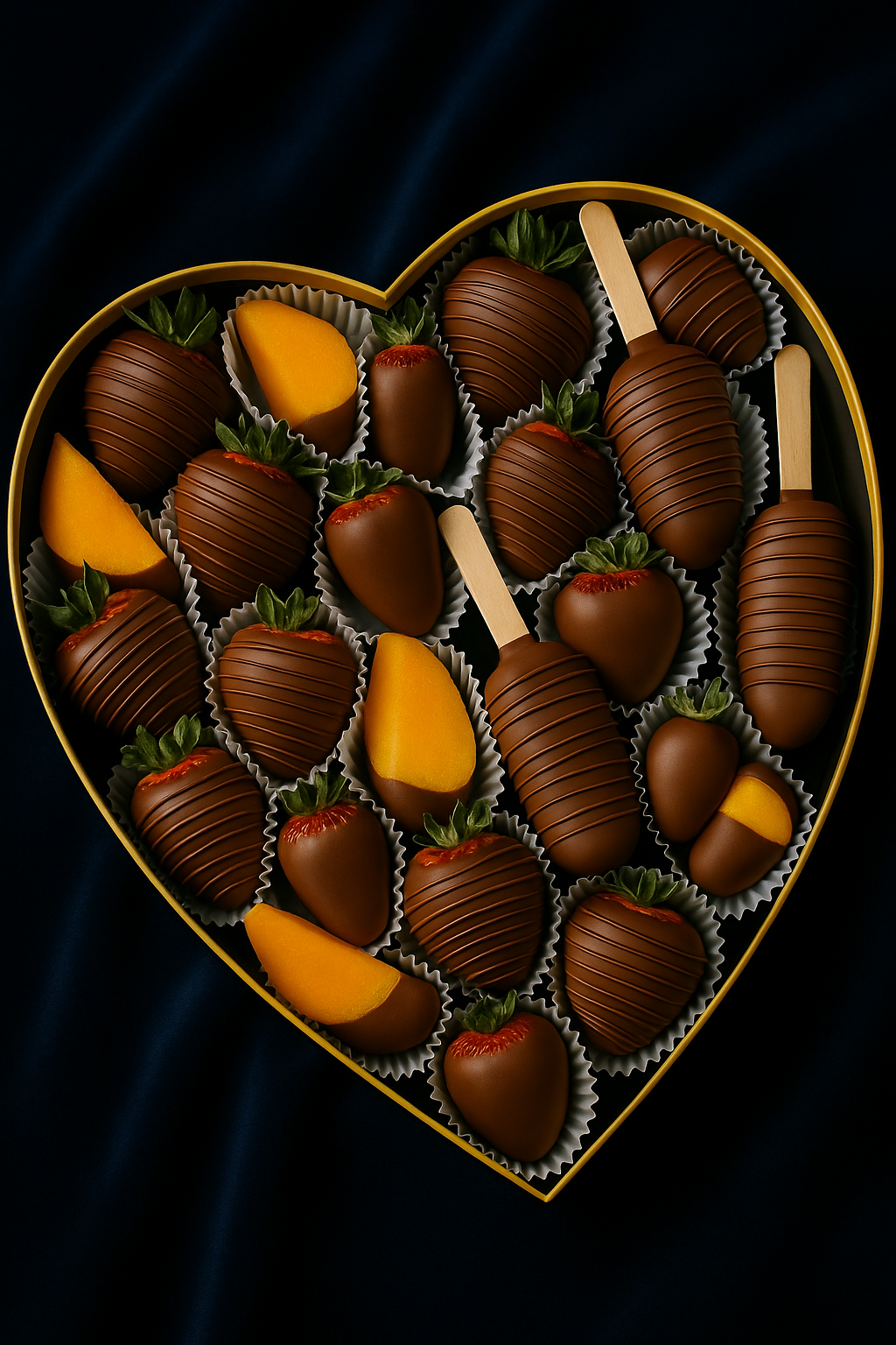 A luxurious heart-shaped gift box filled with premium organic fruits in Belgian milk chocolate.