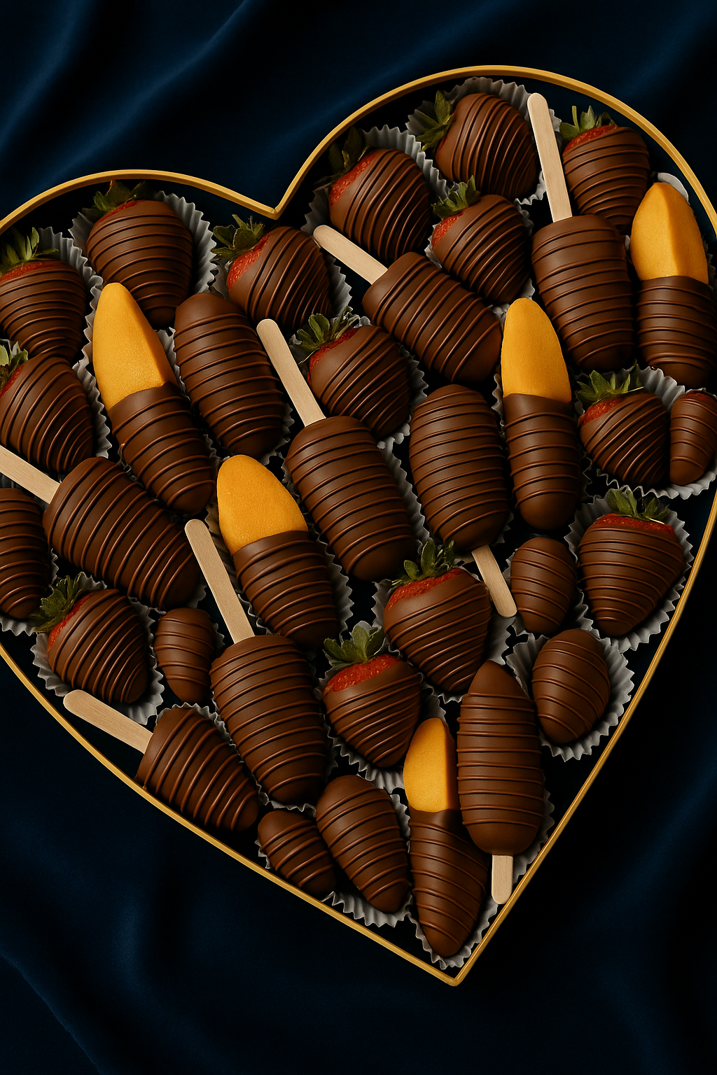 A luxurious heart-shaped gift box filled with premium organic fruits in Belgian milk chocolate.